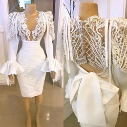 2020 Branco Lindo Dubai Árabe Mulheres Vestidos de Baile Rendas Apliques Manga Longa Bainha Vestidos de Noite Vestido de Coquetel Vestido de fiesta