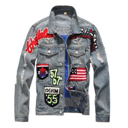 Men's American flag badge patch slim denim jacket Vintage letters patchwork ripped distressed coat Outerwear