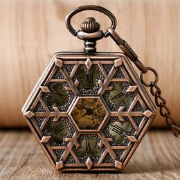 Antique Red Bronze Snowflake Hexagon Shape Pocket Watch Men Women Mechanical Hand Winding Clock FOB Pendant Chain Best Gift