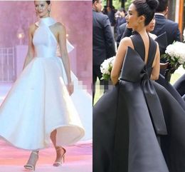 2020 Latest Satin Ballgown Prom Dresses High Neck Black White Big Bow Plunging Ankle Length Custom Made Evening Gown Formal Occasi253N