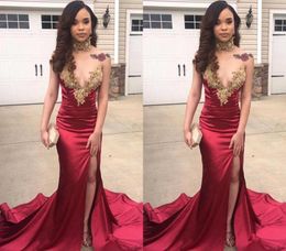 Sexy With Gold Appliques Prom Dresses 2019 South African Mermaid Split Holidays Graduation Wear Evening Party Gowns Custom Made Plus Size