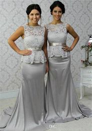 2019 Cheap Grey Lace Peplum Bridesmaid Dress Long Country Garden Formal Wedding Party Guest Maid of Honor Gown Plus Size Custom Made