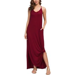 Women Spaghetti Strap Maxi Dress Sexy Sleeveless V Neck Pockets Casual Loose Cami Long Summer Beach Sundress Boho