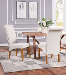 -Ensemble de 2 Chaise à manger en tissu rembourré Side Chair avec pieds en bois massif Nailed Garniture Beige