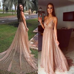 Stunning Sequins Prom Dresses Long Spaghetti Straps Deep V Neck Backless Evening Gowns Sexy Cheap Cocktail Party Dress Beach Wear