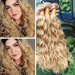 Marrón Claro Rubio Mojado Y Ondulado Armadura Del Pelo Humano 3pcs Lot 27 Honey Blonde Water Wave Virgin Indian Tramas De Cabello Extensiones 300g