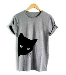 Hot Sale Size S to 2XL Women's Lovely Cat Pattern Print Round Neck Slim Short-sleeved T-shirt Black White Gray Pink