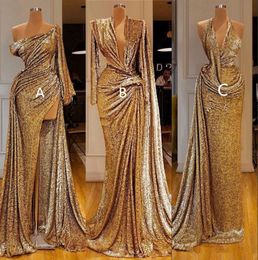 2020 New Sexy Gold Reflective Mermaid Prom Dresses With High Side Split Sexy One Shoulder Long Sleeves Formal Evening Pageant Gown