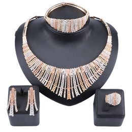 Women African Beads Jewellery Sets Crystal Gold Colourful Necklace Earring Ring Bangle Statement Accessories Jewellery Set