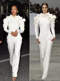 Custom Long Sleeves Celebrity Evening Dresses 2022 White Leg Jumpsuit High Neck Flowers Formal Prom Party Gowns