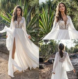 Asaf Dadush Boho Wedding Dresses With Long Sleeve Wrap Side Split Beach Chiffon Bohemia Bridal Gowns Beaded Lace Wedding Dress
