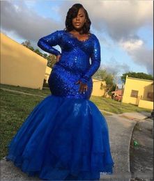 Plus Size Royal Blue Evening Dresses Sequined Pleats V Neck Tiered Tulle Long Sleeves Prom Dress Evening Gowns Abendkleider robes de soirée