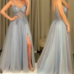 Elegant Lace Evening Dresses Sexy Spaghetti Straps Appliques Split Backless Prom Gowns 2020 Sweep Train A Line Special Occasion Dress