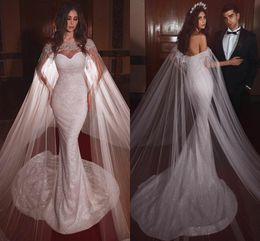 Luxurious Princess Bling Bling Mermaid Wedding Dresses with Long Wrap Off Shoulder Crystals Sequined Wedding Dress Bridal Gowns Vestidos