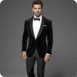 Latest Design One Button Black Velvet Groom Tuxedos Shawl Lapel Men Suits 2 pieces Wedding/Prom/Dinner Blazer (Jacket+Pants+Tie) W722