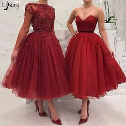 Elegant Red Burgundy Floral Appliques Tulle Long Sleeves Tea Length Prom Dress Puffy High Quality Vintage Prom Evening Event Midi Ball Gown