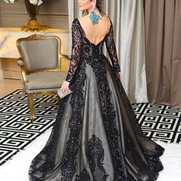 Modest Black Lace Evening Gowns Long Sleeves Bateau Neck Arabic Women Formal Dress Abendkleider Vestido largo Prom Party Gowns256l