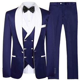 Newest Groomsmen Light Navy Blue Groom Tuxedos Shawl White Lapel Men Suits Wedding Best Man Bridegroom (Jacket + Pants + Vest + Tie) L246