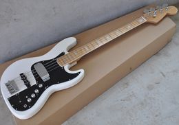 Factory Wholesale 4 Strings White Electric Bass Guitar with Pickup's Cover,Black Pickguard,Maple Fingerboard with White Binding