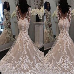 2020 Cheap Champagne Arabic Mermaid Wedding Dresses Full Lace Applique Long Sleeves Illusion Covered Button Sheer Back Formal Bridal Gowns
