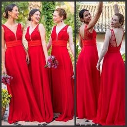 Red Charming Bridesmaid Dresses Lace Tulle Backless Ruffles V Neck Maid Of Honour Dresses Floor Length Chiffon New Fashion Wedding Guest
