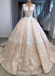 Vintage Champagne Sequined Lace Appliqued Ball Gown Wedidng Dresses Luxury Long Sleeves A-line Plus Size Saudi Dubai Arabic Bridal Gown