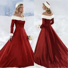 2020 Heiße rote Weihnachtskleider mit langen Ärmeln, Winter- und Herbstkleider, A-Linien-Hochzeitskleider, schulterfreies Satin-Weihnachtsbrautkleid