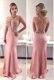 New Design Prom Dresses Wear Arabic Halter Beading Crystal Sleeveless Sexy Hollow Back Sweep Train Sheath Party Dress Evening Gowns