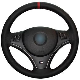Hand sewing custom Black Leather Red Marker Car Steering Wheel Cover for BMW E90 325i 330i 335i E87 120i 130i 120d