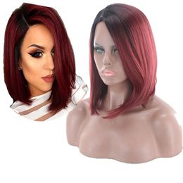 Bobo Short Wig Wine Oblique Bangs Straight Long Hair in Black Gradient Wholesale