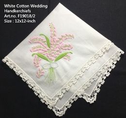 Set of 12 Fashion Bridal Handkerchief White Cotton Hankie with White Lace Edged and Colour embroidery Floral Bridal Hanky 12x12-inch