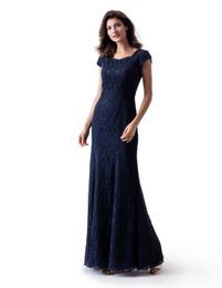 New Navy Blue Lace Mermaid Long Modest Mother of the Bride Dresses With Cap Sleeves Simple Elegant Mother's Dress For Wedding