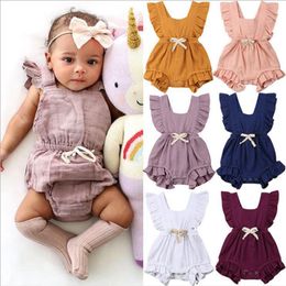 Baby Girl Clothes Ruffle Infant Girls Rompers Back Bow Newborn Jumpsuits Solid Children Playsuit Boutique Baby Clothing 6 Colours DW398