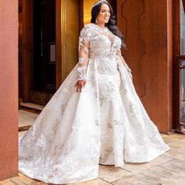 Plus Size Sheer Jewel neck Lace Appliques Whosale Transparent Wedding Dress Corest Mermaid Tail Wedding Dress Bridal Gown