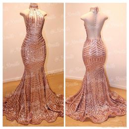 Bling Rose Gold Sequins Mermaid Prom Dresses 2019 Keyhole Neck Sheer Back Court Train Evening Gowns Women Formal Party Dresses