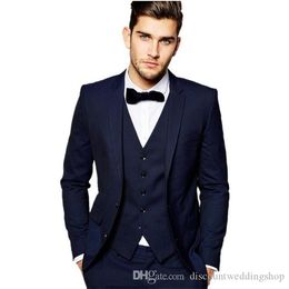 Slim Fits Navy Blue Groom Tuxedos Handsome Man Work Business Suit Wedding Party Prom Dress Suits Custom Made (Jacket+Pants+Vest+Tie) J87