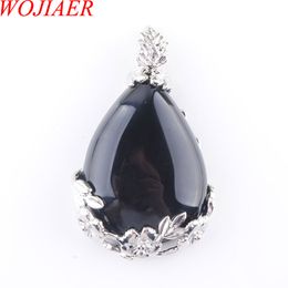 WOJIAER Tear Water Drop Love Natural Black Agate Gem Stone Pendant Necklace Reiki Bead Women Jewellery N3474