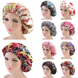 Hair Loss Elastic Wide Band Silk Satin Women Bonnet Night Sleep Hat Chemo Cap HeadWrap Flower Print Turban Beanie Skullies New