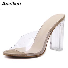 Aneikeh Big Shoe Size 41 42 New Women Sandals PVC Crystal Heel Transparent Women Sexy Clear High Heels Summer Sandals Pumps 11cm CX200613