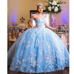 Sky Blue Vestidos de 15 anos Lace Appliques Tulle Ball Gown Formal Party  Dress 2019 Girl Quinceanera Dresses