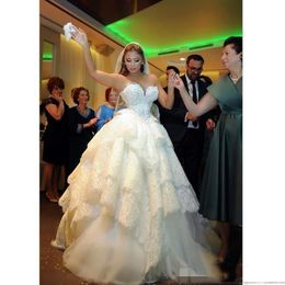 strapless puffy princess wedding dresses Australia - Luxurious Full Lace Ball Gown Wedding Dresses With Pearls Beaded Sweetheart Tiered Skirt Strapless Puffy Church Castle Princess Bridal Gowns