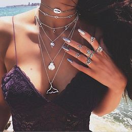 Bohemian Multilayer Mermaid Tail Pendant Necklace For Women Vintage Beach Silver Colour Shell Choker Necklace Pendant Jewellery