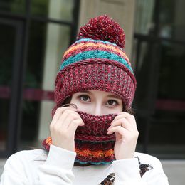 Fashion Designer Beanie Autumn Winter Plus Velvet Colour Matching Knitted Hat Bib Mask Three-Piece Warm Thick Wool Hats Female Custom LOGO