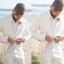 Summer Linen Men Wedding Tuxedos Beach Notched Lapel Groom Wear Pants Suits Formal Best Men Slim Fit Blazer Jackets (Jacket+Pants)