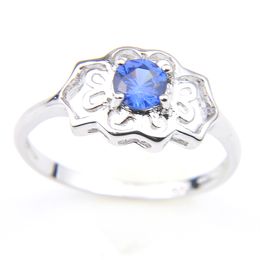 Luckyshine Gift for Mother's Swiss Blue Topaz Gems 925 Silver Round Flower shape Decorative Border Zircon Rings Jewelry