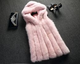 Искусственный мех Пальто зимы женщины вскользь с капюшоном Теплой Тонких рукавами из искусственного мех жилета Толстой куртки пальто Женщины Casaco Feminino Танки