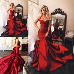 2020 New Arrived Sexy Red Mermaid Evening Dresses Satin Halter Prom Dress Backless Sweep Train Formal Dresses