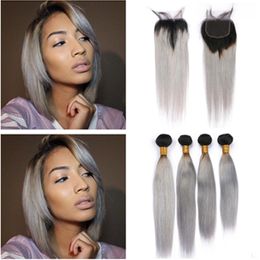 #1B Grey Ombre Bundles and Closure Brazilian Straight Black and Silver Grey Ombre Weave Human Hair 4 Bundles with Lace Closure Piece 4x4"