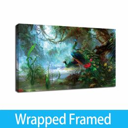 Peacock In The Forest Animal Framed Art Oil Painting Giclee Wall Art Canvas HD Prints Painting Wall Decor Ready To Hang243N