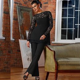 Black Beaded Lace Mother Of The Bride Pant Suits Long Sleeves Bateau Neck Wedding Guest Dress Plus Size Mothers Groom Dresses 326 326